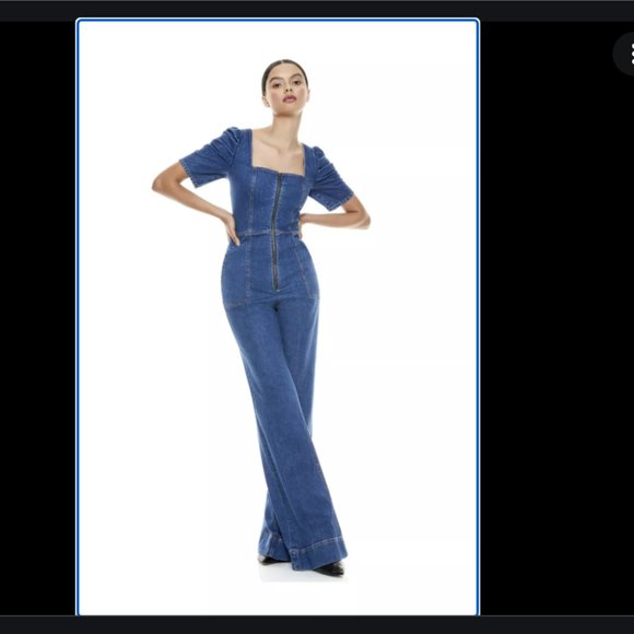 Alice + Olivia Pants - Alice Olivia Kenny Puff Sleeve Denim Jumpsuit US 26